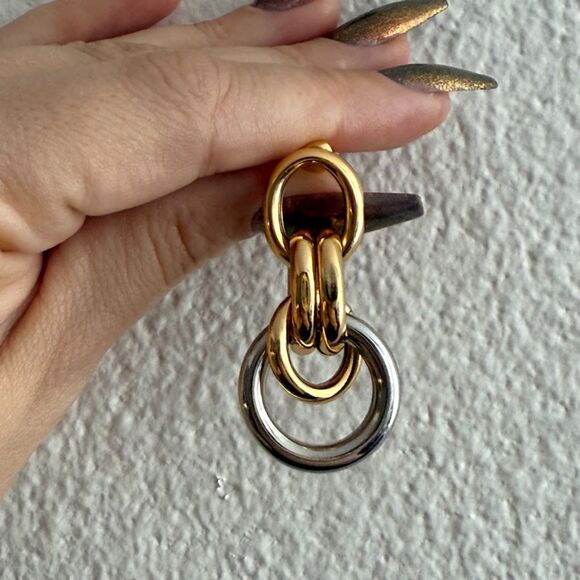 Mixed Metal Round Chain Link Dangle Earrings in Gold & Silver - Picture 5 of 7